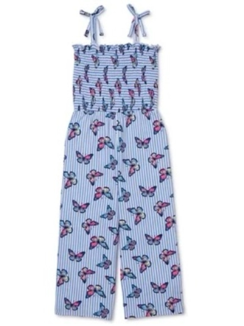 One Step Ahead Blue Striped Butterfly Print Jumpsuit